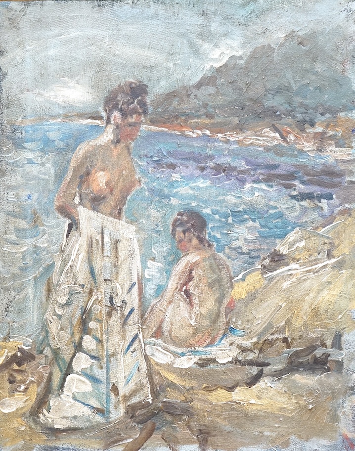 Impressionist School, Studies of semi-nude women on a beach, unsigned, oil on canvas, 49 x 39cm, gilt frame
